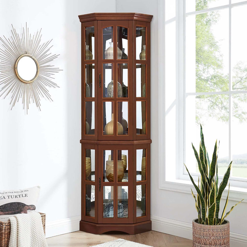 Corner Curio Cabinet with 5 Shelves and Lighting System Solid Base Frame Comfortable Durable Beautiful Alcott Hill Color Walnut
